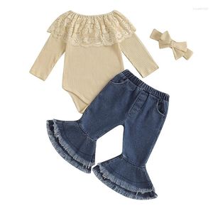 Conjuntos de roupas Outono Infantil Bebê Meninas Outfit Lace Patchwork Alças Romper e Elastic Denim Calças Flared Headband Roupas de Queda