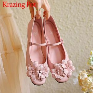 Freizeitschuhe Krazing Pot Schaffell Schnallenriemen Med Heels Sommermode Runde Zehe Dreidimensionale Blumen Mary Janes Prinzessin Damen