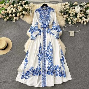 Nya 2024 Casual Dresses Fashion Runway Red and White Porcelain Dress Women's Stand Long Lantern Sleeve Blue Floral Print Shirt Robe Vestidos