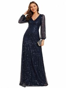 Wunderschönes Abendkleid mit V-Ausschnitt und langen Ärmeln, Legant, tailliert, bodenlang, 2024, BAZIIINGAAA mit Pailletten, Marineblau, Gast dr f2UJ#