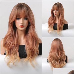 Synthetic Wigs Middle Long Wavy Wig Dark Brown With Bangs For Women Cosplay Lolita Daily Party Fake Hair Heat Resistant Fibre Drop Del Otcze