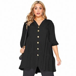 Plus Size Butt Down Elegant Spring Autumn Tunic Topps Women 3/4 Sleeve V-Neck SMOCK BLOUSE TOPS Black Loose Tiered T Shirt 6xl 56qi#