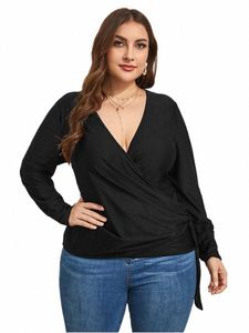 add Elegant Plus Size 2022 Autumn Women's Lg Sleeve T shirt Solid Casual V Neck Side Tie Female Clothing Office Lady Tops B158 m8Qq#