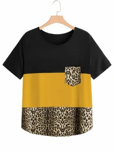 plus storlek elegant sommar kort ärm casual t-shirt kvinnor färg blockerad pocket frt leopard gula toppar stor storlek tee 7xl 8xl h9yk#