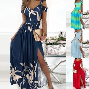 Säljer Womens Wear Long Dress Printed V Neck Elegance ärmlös Sexig slits