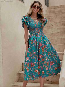 Podstawowe sukienki swobodne Summer Floral Print Midi Sukienka Kobieta moda Slim Ruffle Plaży Sukienka na plaży Casual Elegancka A-line Nowe w sukienkach 2024 T240330