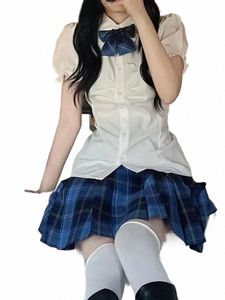 women Shirt White Plaid Cosplay Anime And Cute School Set Korean Sweet Uniform Girl Pleated Japanese Kawaii o677#