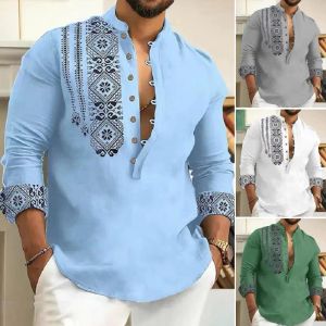 Men Shirt Vintage Print Men's Slim Fit Stand Collar Shirt Classic Ethnic Style for Casual Office Wear Soft Breathable