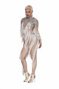 LG Kollu Beyaz Baskı Püskül Seksi Çıplak Tulumlar Kadınlar için Drag Queen Party Giyim Sahnesi Şarkıcı Kostüm Kutup Dans Giyim W2GW#