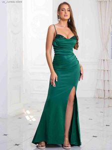 Basic Casual Dresses Grn Sparkle Sequin Patchwork Floor Length Evening Party Dress Long Backless Slveless Ruched Front Slit Prom Gown Red T240330