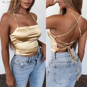 Damen Tanks Camis Sommer Neue Mode Frauen Sexy Stil Satin Seide Rückenfreie Bandage Weste Bluse Tops Riemchen Sommer Für Strand Cami Tank T240330