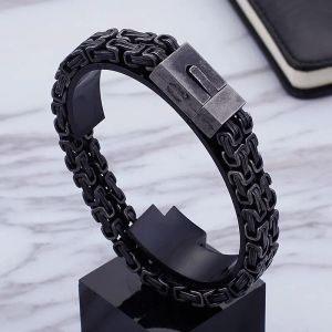 Armband Fashion Men Punk Black Byzantine Chain Armband Steel Double Black Link Geometric Byzantine Armband smycken