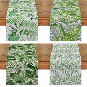 Table Runner Plant Style Green Palm Leaves Flag Rainforest Holiday Party Home Kitchen Tables Aesthetically Decorated yq240330