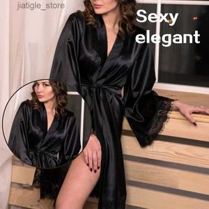 Set sexy Due pezzi Donne Silk Silk Lace Sexy Nightdress Sexy V-Neck Nighty Long Sleeve Lingerie Lingerie Abbigliamento per dormire Y240329 Y240329