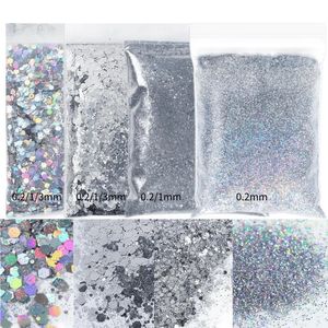 4 saco 200g holográfico prego glitter prata em pó brilhante decoração mistura em massa hexágono lantejoulas unhas acessórios polonês suprimentos conjunto 240328