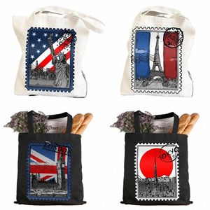 Vintage Paris Ld Amsterdam New York Tokyo Berlin Stamp Kobiet Canvas na ramiona torebka Tote Cott Shop Beach Baguette Bag J0tz#