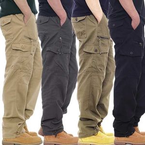 Men's Pants Simple cotton overalls mens casual pants with elastic waist plus size pants multiple pockets and loose pants J240330
