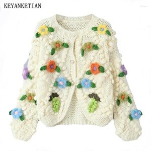 女性のニットkeyanketian冬の草原シックな花飾り手作りセーター自由hoho粗糸ボタンアップニットカーディガントップ