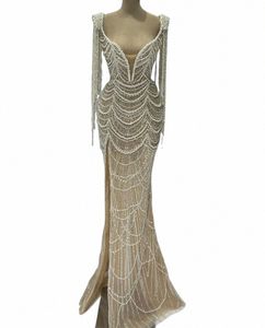 Floria Light Champagne Pearls Tassel Shoulder Evening Dr Dubai O Necklinje Mermaid Wedding Party Gowns Arabic Celebrity Dr Z7up#