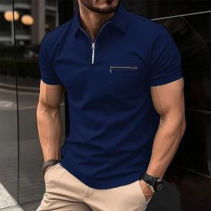 Fashion Mens Casual Pockets Zipper ShortSleeved Polo Shirt Office Lapel TShirt Breathable Summer Clothing 240321