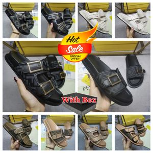 Lyxmetalliska Slide Sandals Designer Män kvinnor Svart Vita tofflor Skor Summer Sandal Fashion Wide Flat Flip Slipper For Low Heel With Box