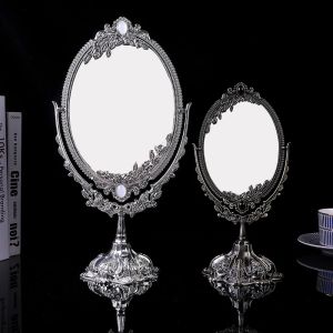 Espelho vintage espelho de maquiagem vintage espelho de dois lados espelho oval para desktop com moldura em relevo de metal e bedrooms