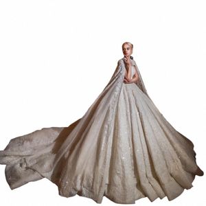Dubai Luxury Beading Bridal Ball -klänningar med sjal Pretty 3D FRS -paljetter Lace Wedding Dr Custom Made Mesh Prom Party Dr U2EO#