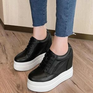 Casual Shoes Women Lace Up Cow Leather Wedges High Heel Vulcanized Female Round Toe Chunky Platform Oxfords US3-USA9
