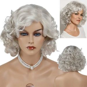 Nxy Vhair Wigs Gnimegil Sintético Curto Cabelo Encaracolado Cinza Branco Idoso Peruca para Mulheres Mamãe com Franja Cosplay Fantasia Festa Presente da Vovó 240330