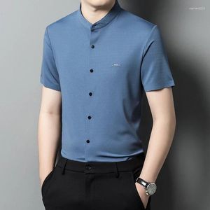 Erkekler Sıradan Gömlekler 2024 Zarif Mandarin Yaka Çöpler Mavi Yeşil Ofis Giyin Büyük Boy Bluz Kocası Moda Gri