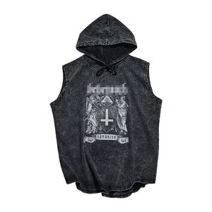 American Hip Hop Do Old Washed Ten Word Frame Hooded Vest Men Summer Tide Brand Sports Baggy Vest T-shirt