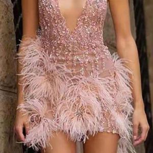 Womens Feather Suspender Skirt Deep V Neck Sexy Nightclub Party Dress