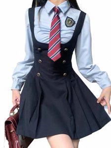 japanese Kawaii JK School Uniform Summer Cute Slim Shirt Uniform Sets Solid Graduati School Girls Cosplay Strap Skirt Costume x1DQ#