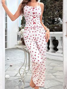 Home Clothing Women Sexy Sheer Mesh Loungewear Pajama Sets Cherry Heart Print Cami Tops With Elastic Waist Pants 2 Pieces Set Summer