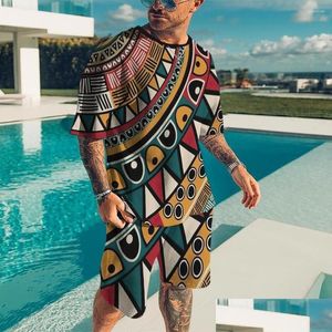 Mens Tracksuits Men Summer Tracksuit Suits African Totem Series Sports Jogging Colorf T Shirt Outfits 3D Printed Breathable 2 Piece Dr Dhxhw