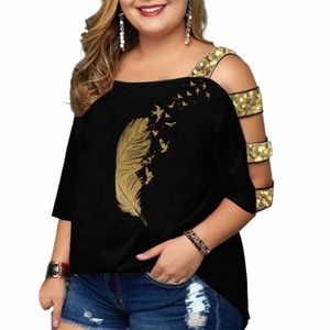 Plus Size Spring Fi Tryckt t-shirt Toppkvinnor Sexig ihåliga ärmar Lossa Casual T-shirt Topp N6GS#