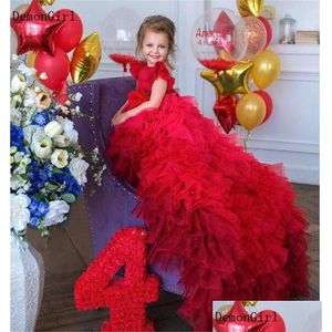 Flickor klänningar röd puffig födelsedag med lång tåg o nacken rygglös liten prinsessan festklänning för special ocn pografi droppleverans babe dhx82
