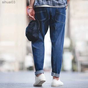 Jeans masculinos 2020 New 8,8oz cone solto adequado para lavar jeans azul lazer Spring Fashion Street Rise Jeans com grandes bolsosl2403