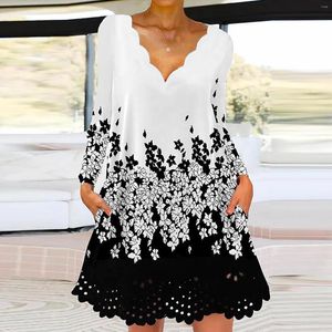 Casual Dresses Fashion Summer 2024 Ladies Spet Floral Print Dress Edge V Neck Long Sleeve Loose Straight Holiday Beach