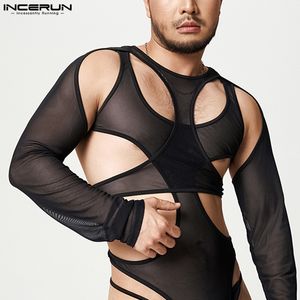 INCERUN Men Bodysuits Mesh See Through 2023 Hollow Out Solid Underwear Sexy O-neck Long Sleeve Men Pajamas Irregular Bodysuit