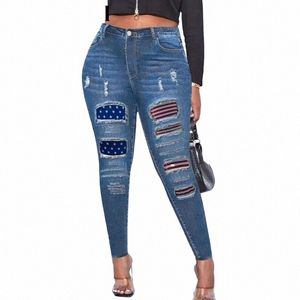 Damen Plus Size geraffte Regenbogen-Patchwork-Bleistiftjeans dehnbare dünne Patches Denim-Hosen 11gh#