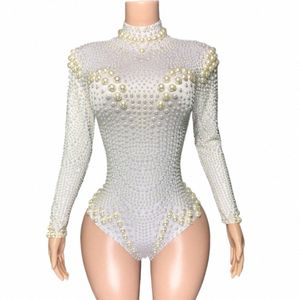 Białe perłowe Leotard Sexy LG Sleeve Bodysuit Nightclub Dance Taniec piosenkarka tancerka scena noszenie pokaz występu 02hr#