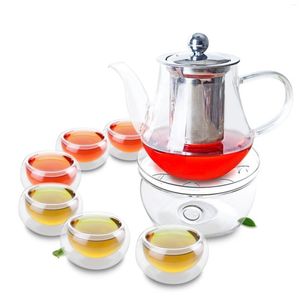 TeAware Setleri 1x 8in1 Kahve Çay Seti Big 565ml Cam Pot W/ Paslanmaz Çelik Infuser Filtresi 6 Çift Duvar Katmanı Bardaklar Yuvarlak Isıtıcı