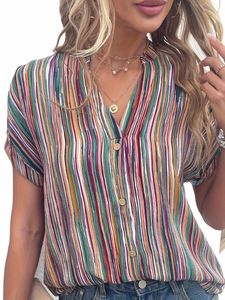 plus Size Casual Blouse, Women's Plus Stripe Print Butt Decor Short Sleeve Notched Neck Blouse b04q#