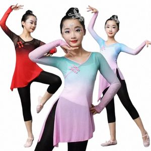 Barn klassisk dansövning toppar flickor kinesiska dansprestanda kostym hanfu outfit yangko dans naturlig scenblus 604v#
