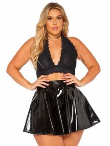 Plus-storlek hög midja faux latex kjolar kvinnor pvc blossade veckade a-line cirkel mini skater kjolar 5xl 6xl 7xl kläder ny anpassad 47st#