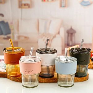 Wine Glasses 400ML Ins Style Portable Bamboo Joint Coffee Cup Glass Mug With Lids Straws Leak-proof Tea Mugs Leather Sippy