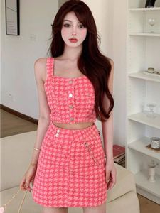 Work Dresses Women Designer Midriff Tank Party Mini Skirts Sets Summer Pink Plaid Sexy Two Piece Female Casual Kawaii Skirt Suits 2024
