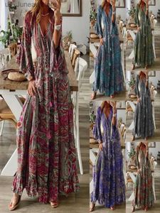 Grundläggande casual klänningar 2023Cross Border Bohemian Style FLAGE SLVE PRINTED V-NECK Hög midja Holiday Dress med blommig klänning för WOM T240330