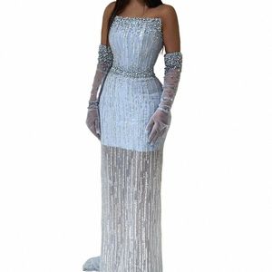 Shar sa att ljusblå pärlor lyx Dubai Evening Dres Elegant Strapl Arabic Women Wedding Party Formella klänningar SS395 i3ph#